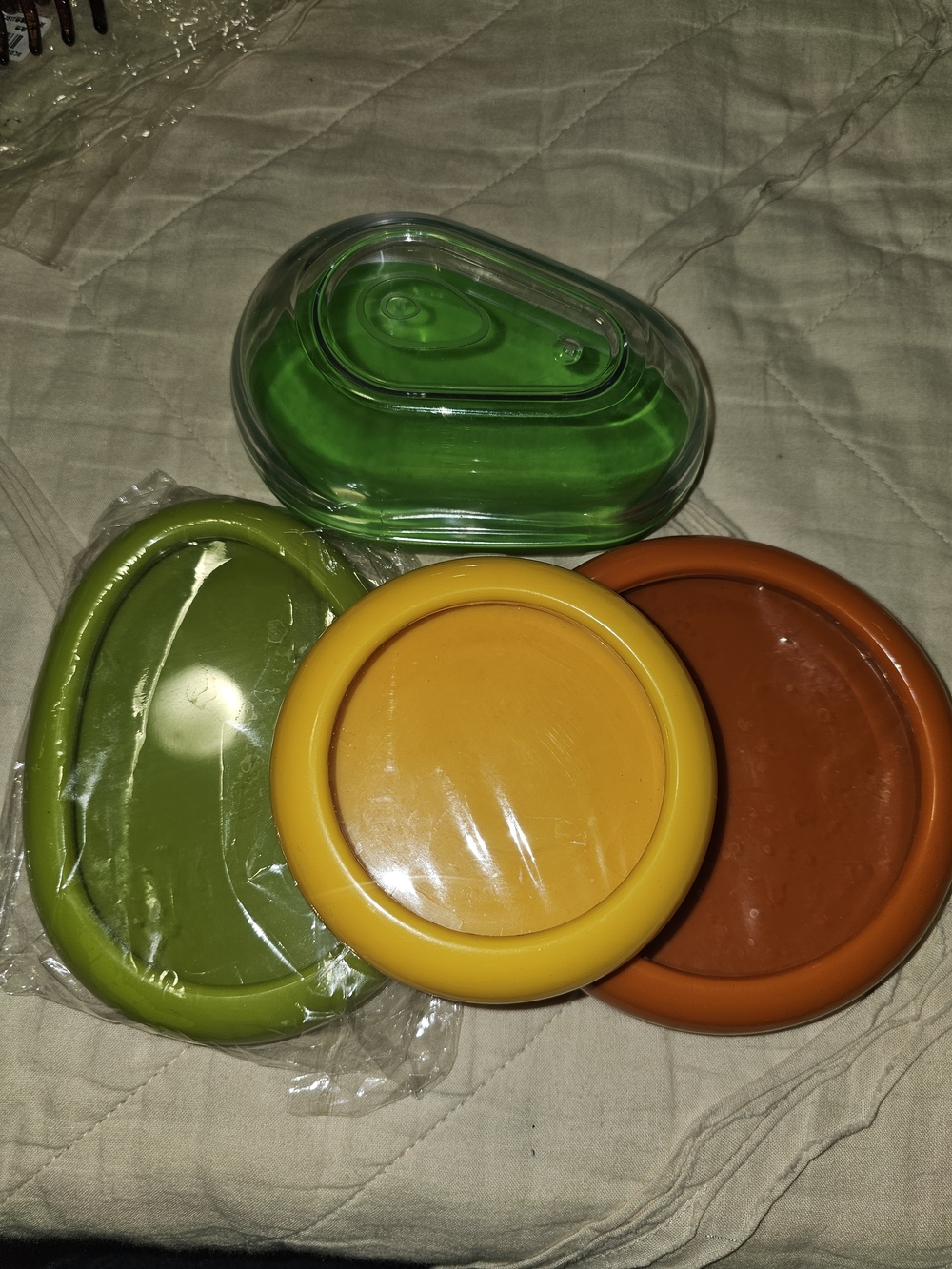 Colorful Plastic Snack Containers - Green, Yellow, Orange, Olive